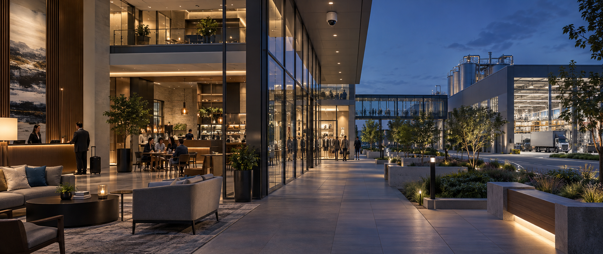 Otel, perakende ve endüstriyel tesisi bir arada gösteren modern ticari kompleks